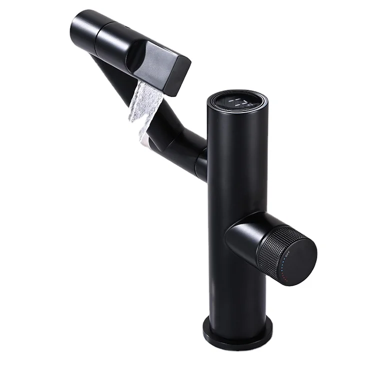 CBM Smart Hydroelectric LED Digital Display Bathroom Waterfall Basin Faucet Mixer Taps Lucky Cat-style Black Brass Contemporary