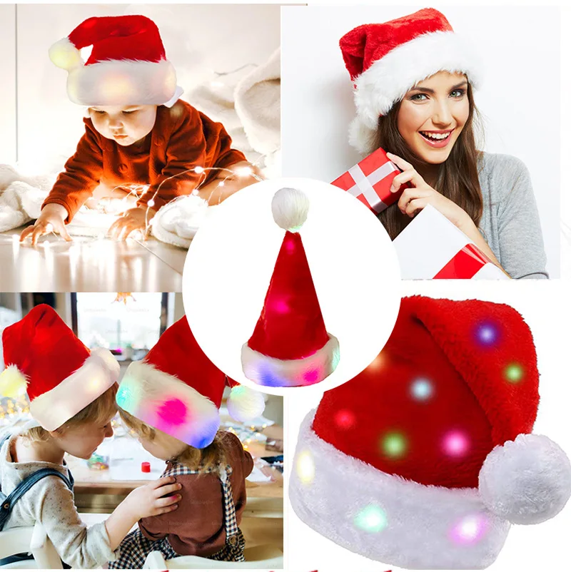 LED Light Up Xmas New Year Christmas Hat Festive Holiday Party Supplies Unisex Velvet Santa Hat for Adult Kids
