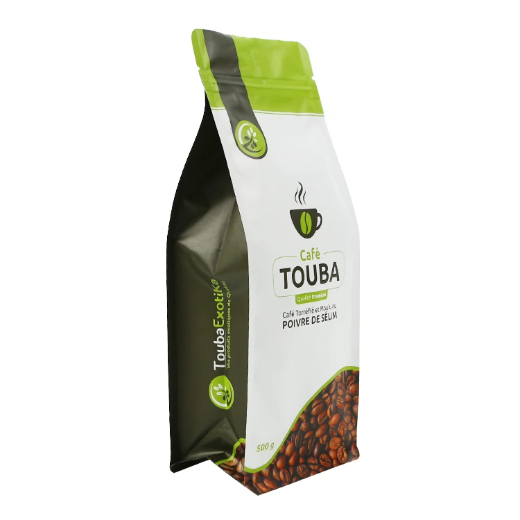 Packaging For Coffee, Flat Bottom Kraft Paper Compostable Coffee Bags with Valve And Zipper Bolsas Para Cafe Coffee Packaging