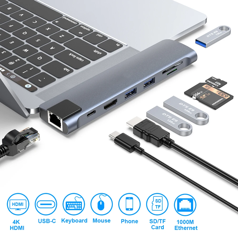 8 In 1 Type C To USB Hub With Rj45 Fast Charge USB C Hub Adapter For Macbook Pro