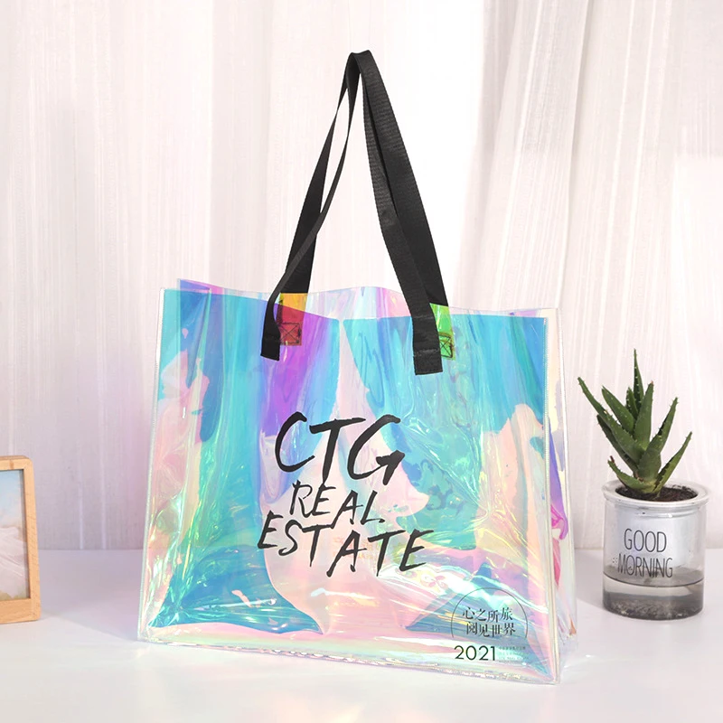 Индивидуальные Экологически чистые пластиковые голографические переливающиеся блестящие сумки-тоуты из ПВХ для покупок с логотипом Водонепроницаемая пляжная