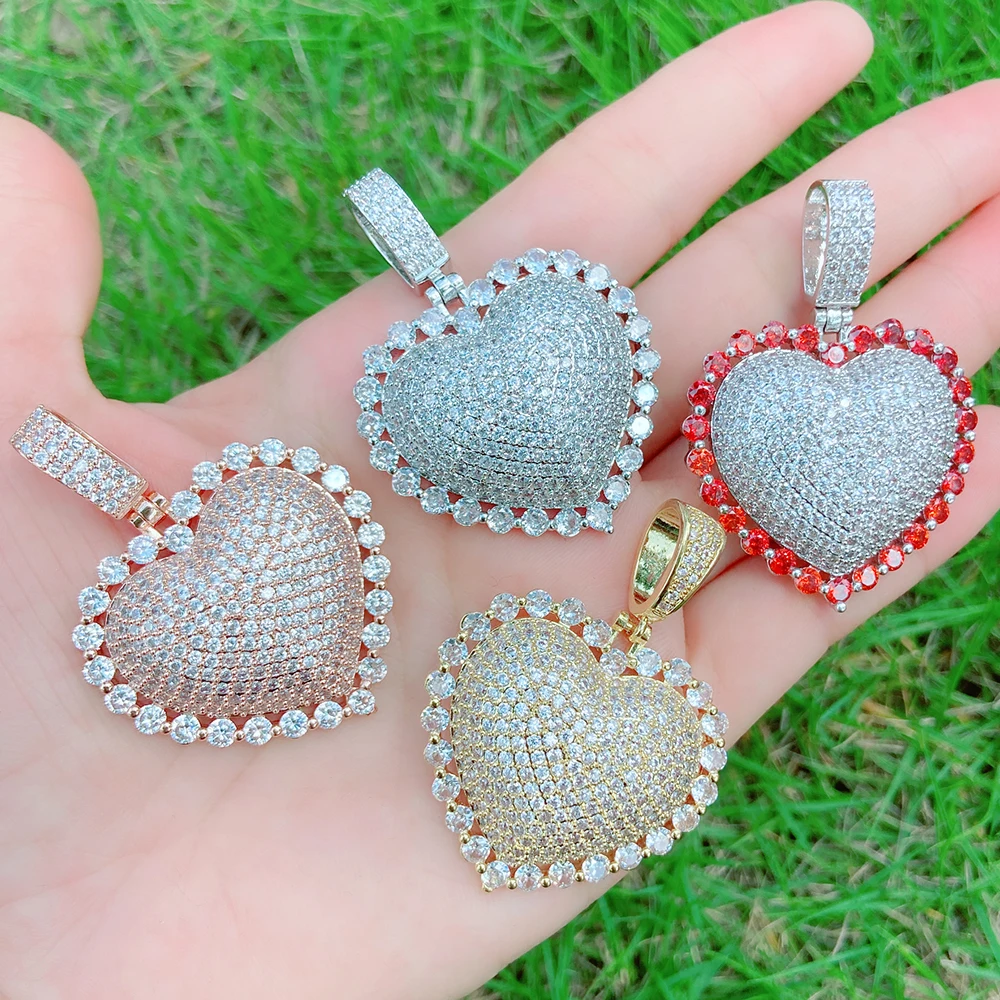 2023 new arrival jewellry18k gold pink heart shaped white gold iced tennis heart charm necklace pendants