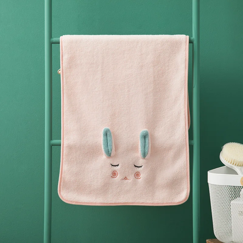 Wholesale Cartoon 3d Cute Rabbit Ears Dry Hair Towel Thickened Coral Fleece Towel Embroidery Adult Daily Wash Towel