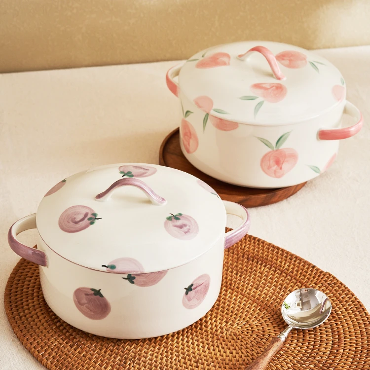 Porcelain Tableware Rice Salad Instant Noodle Binaural Serving Bowl With Lid Ceramic Soup Bowl With Handles 3250