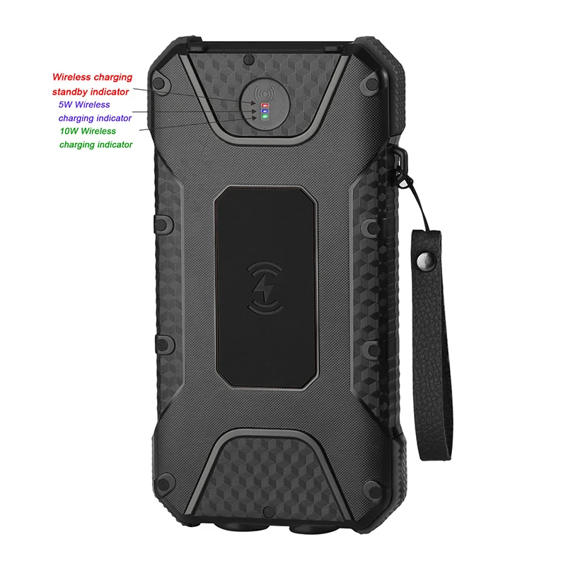 20000mAh Portable Outdoor Large Capacity Solar Power Bank Waterproof Solar Panel USB Input Interface 25W/30W Wireless Charging