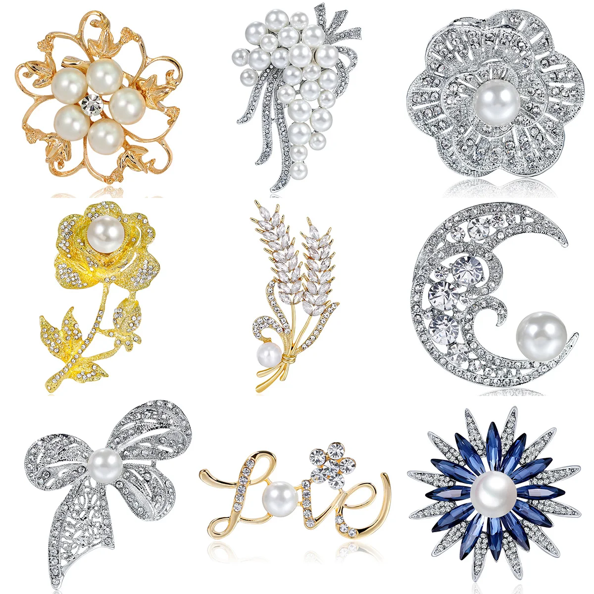 Korean Temperament rhinestones Brooches Pearl Rose Flower bow Lapel pin for women Clothing Accessories Fashion fine Jewelry