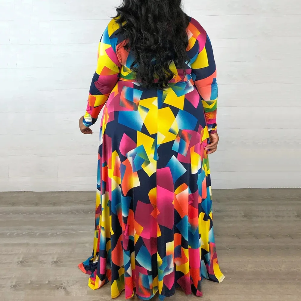 Hot Selling Dress Lady Plus Size Colorful Printed Long Sleeve Sexy V Neck Wrap Dress African Clothing Plus Size Dresses Summer