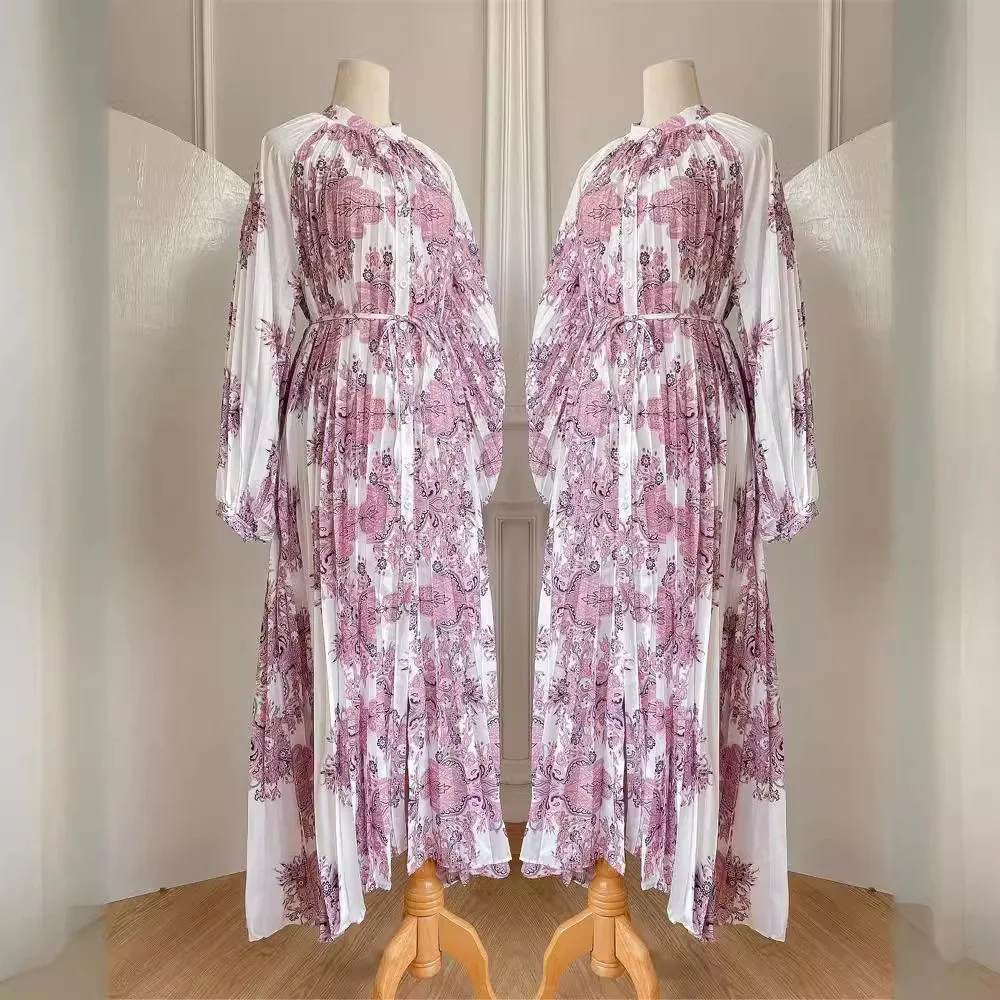 Middle East Muslim high-end printed long skirt with lantern sleeves and pleated loose robe dress
