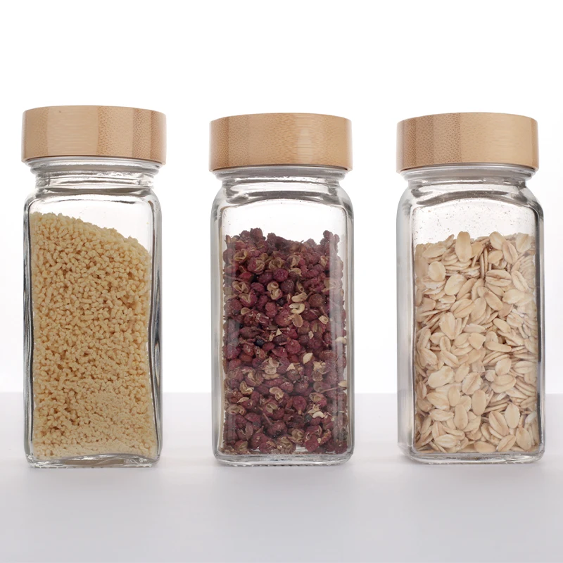 24 Piece Set Small Airtight 4oz Square Storage Glass Jars Canisters With Bamboo Lids For Kitchen Spice