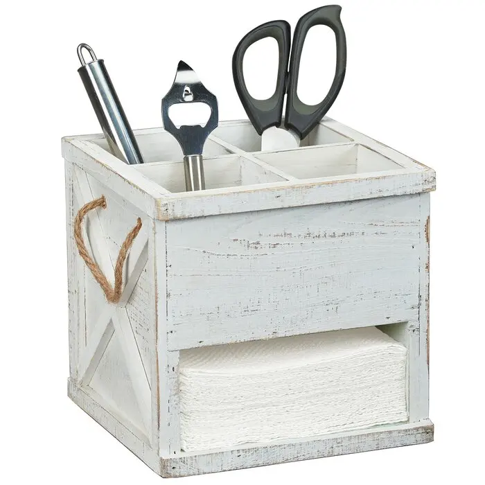 Wholesale Custom White Four Compartments Eco-Friendly American Style Storage Organizer Flatware Caddy