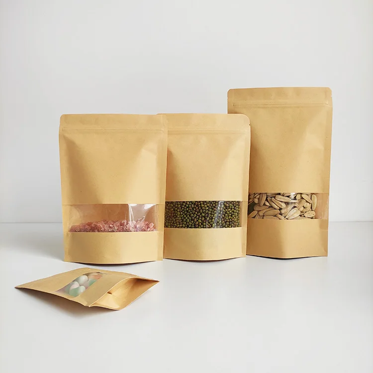 Brown Stand Up Kraft Paper Zip Lock Bag With Clear Window For Food Packaging