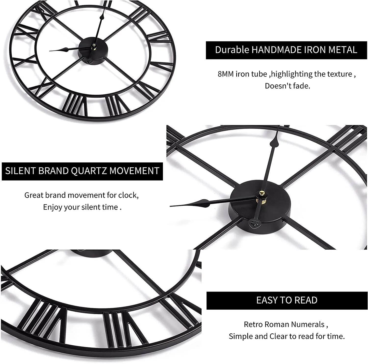 FREE SAMPLE Large modern metal wall clock antique round mute non-ticking battery powered Roman numerals