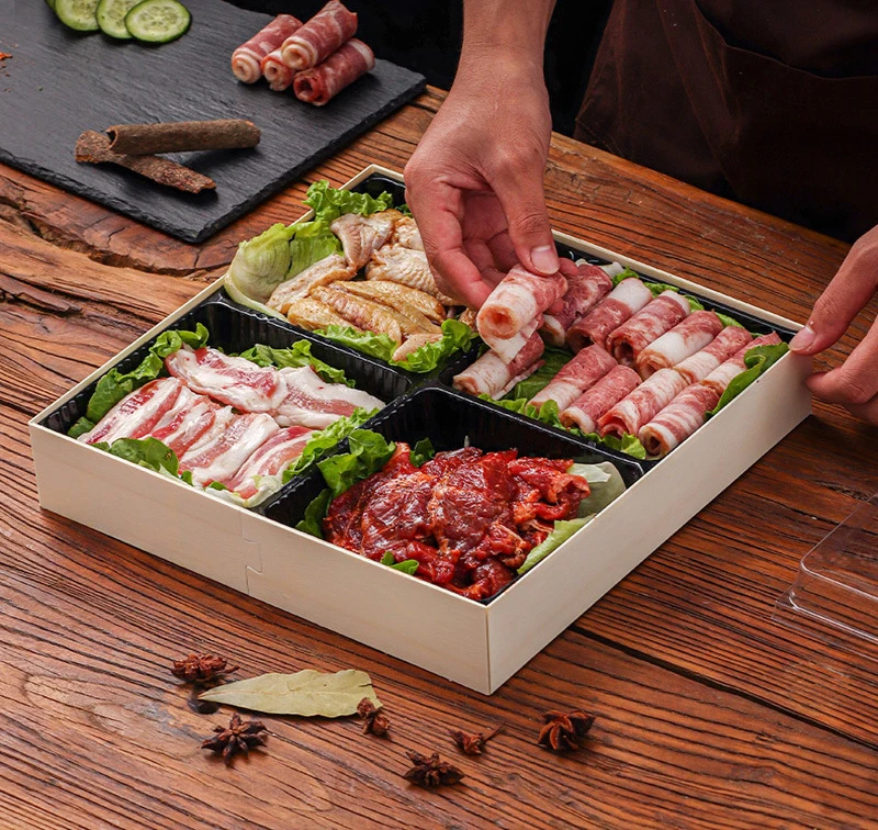 Wholesale sushi box wood disposable takeaway wooden sushi catering box grilled meat packaging boxes