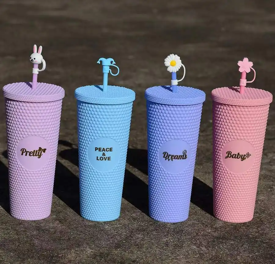 BPA Free Double Layer Cups Coffee Cup Plastic Diamond Tumbler Durian Cup With Straw And Lid