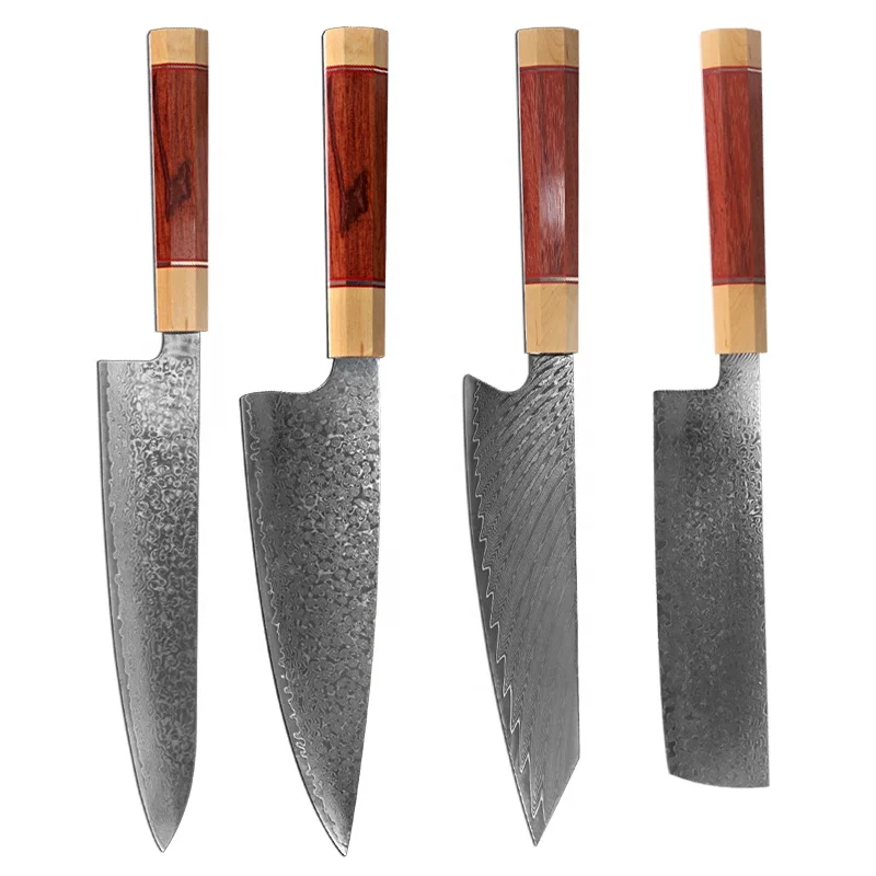 G10 Rosewood Cupronickel Handle Damascus Steel Knife Chef Knife Set Professional Best Kitchen Knives Set