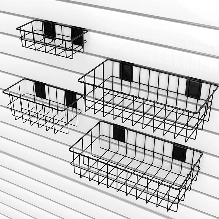 JH-Mech 4 Pcs Slatwall Panel Hanging Wire Basket Large Capacity Adjustable Height Zinc Plated Metal Wire Basket