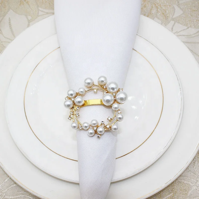 Newest Gold Wreath Napkin Rings Metal Rhinestone Pearl Napkin Ring Holder Flower Napkin Rings Weddings HWP45