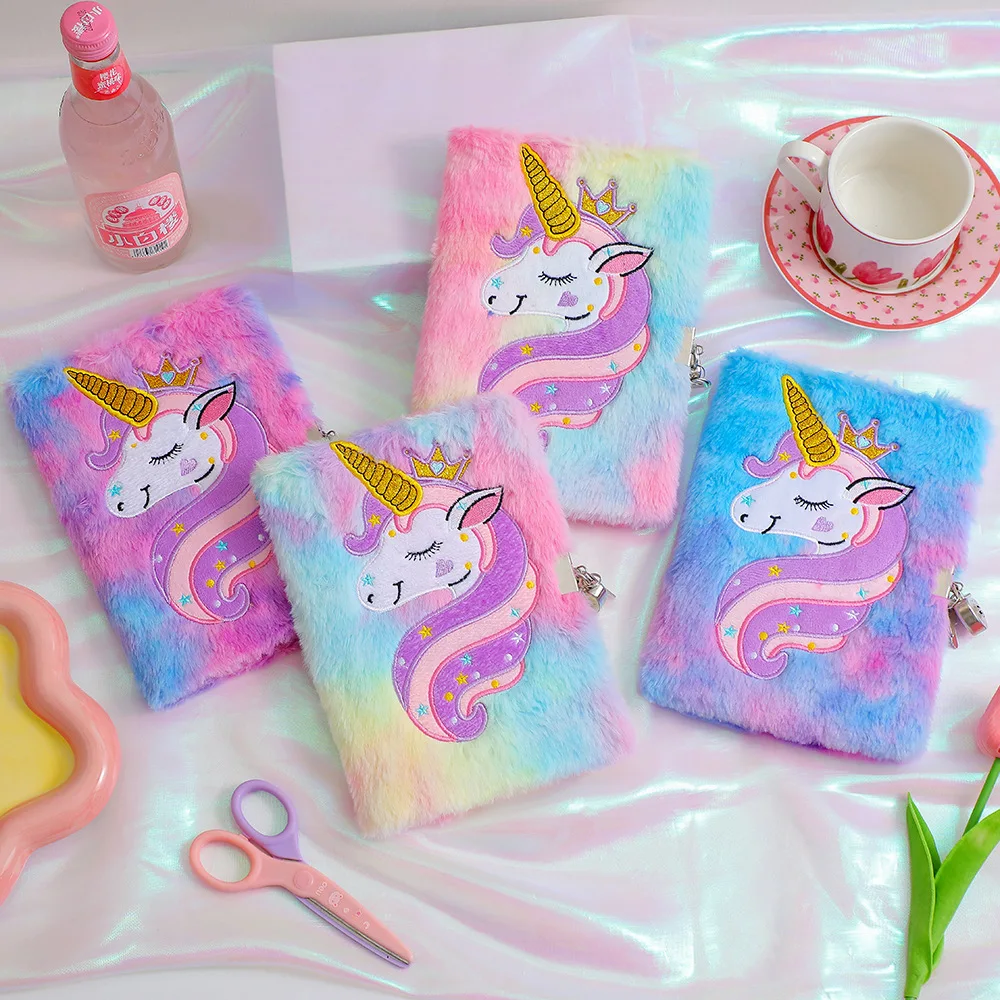 2023 Hot Selling Creative Cute Cartoon Unicorn Notebook Plush Diary With Lock And Key For Girl