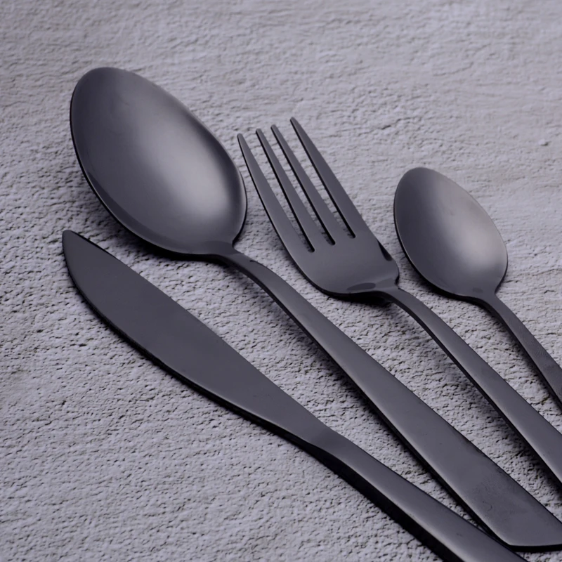 High quality Modern 16 Pieces Utensils Cutlery Forks Spoons Restaurant Mirror Polished Stainless Steel Black Flatware