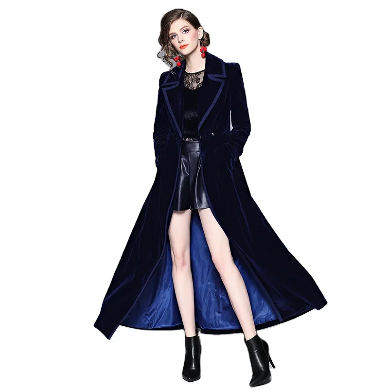 
Wholesale In Stock Winter and Autumn Lapel Collar Long Sleeve Velvet Black Maxi Trench Coat 