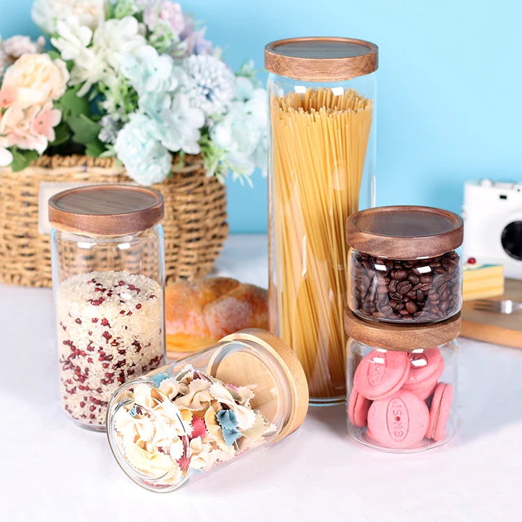 Airtight Smell Proof Glass Food Spice Storage Jars with Acacia Wood Lids Kitchen Containers