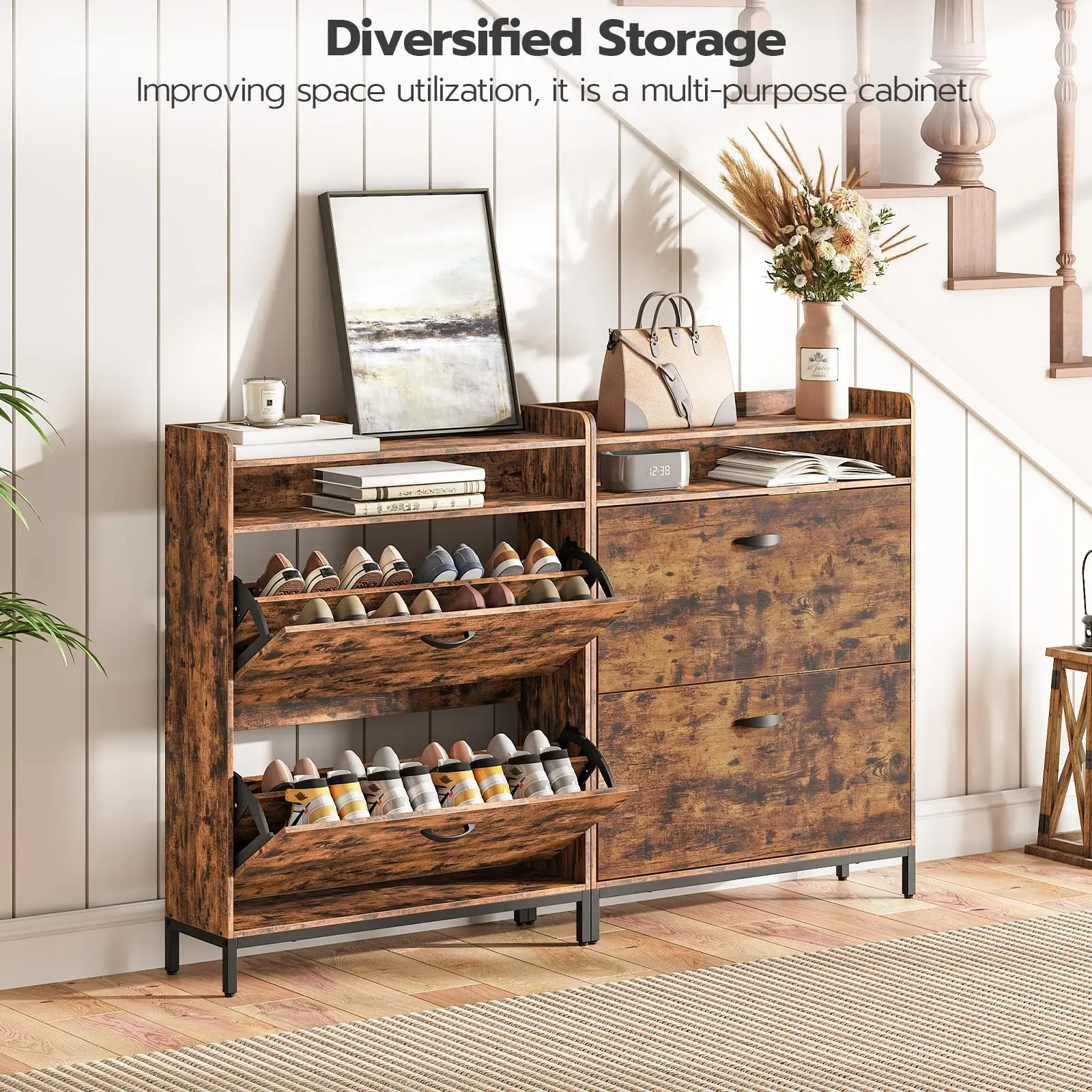 2024 New Farmhouse Style Freestanding Shoe Storage Organizer Cabinet Shoe Cabinet with 2 Flip Drawers Open Shelves for Entryway