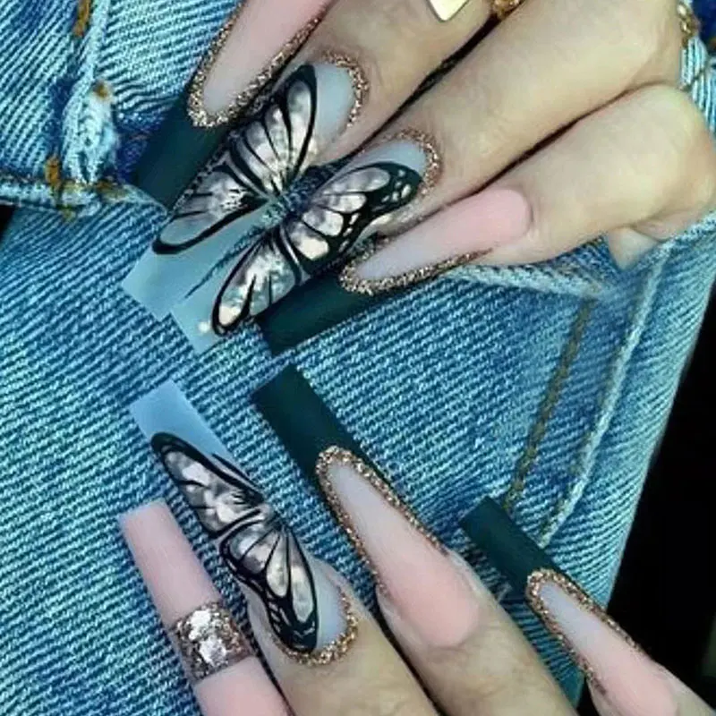 Cute Custom Design Press-On Nail Tips Black Gold Butterfly Gradient Acrylic artificial fingernails Completely Covered Fake Nails