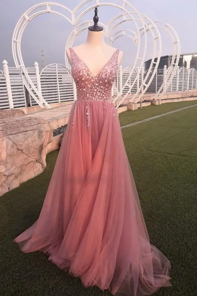 or60303b Europe and America style pink embroidered sequins deep V-neck women dresses sexy ladies full dress