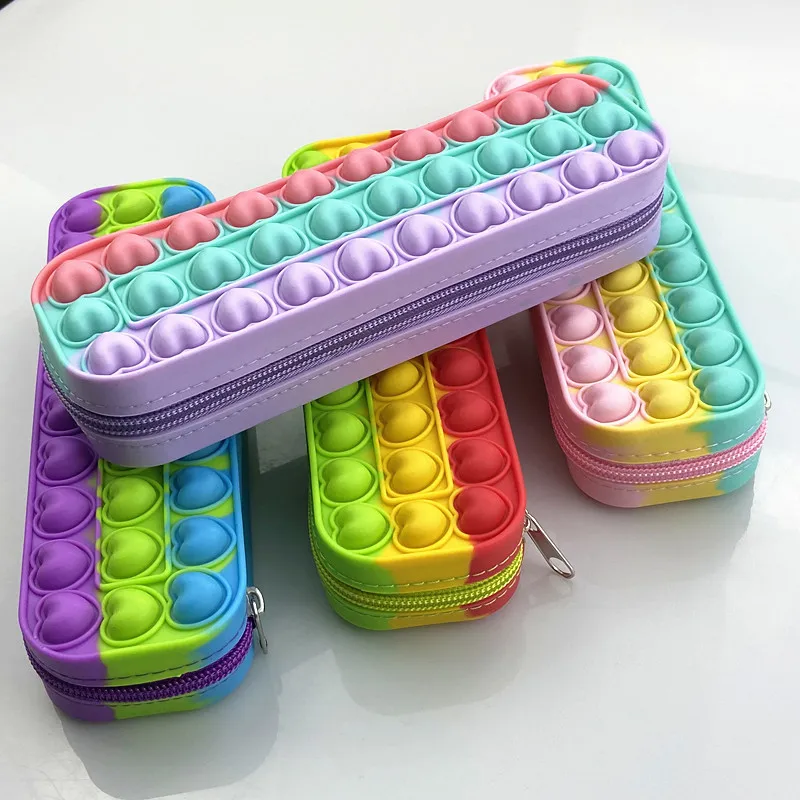 Silicone Fidget itting Sensory Toys Storage Makeup Bag Colorful Pop Pencil Case Push Bubble Pencil popets bag with heart