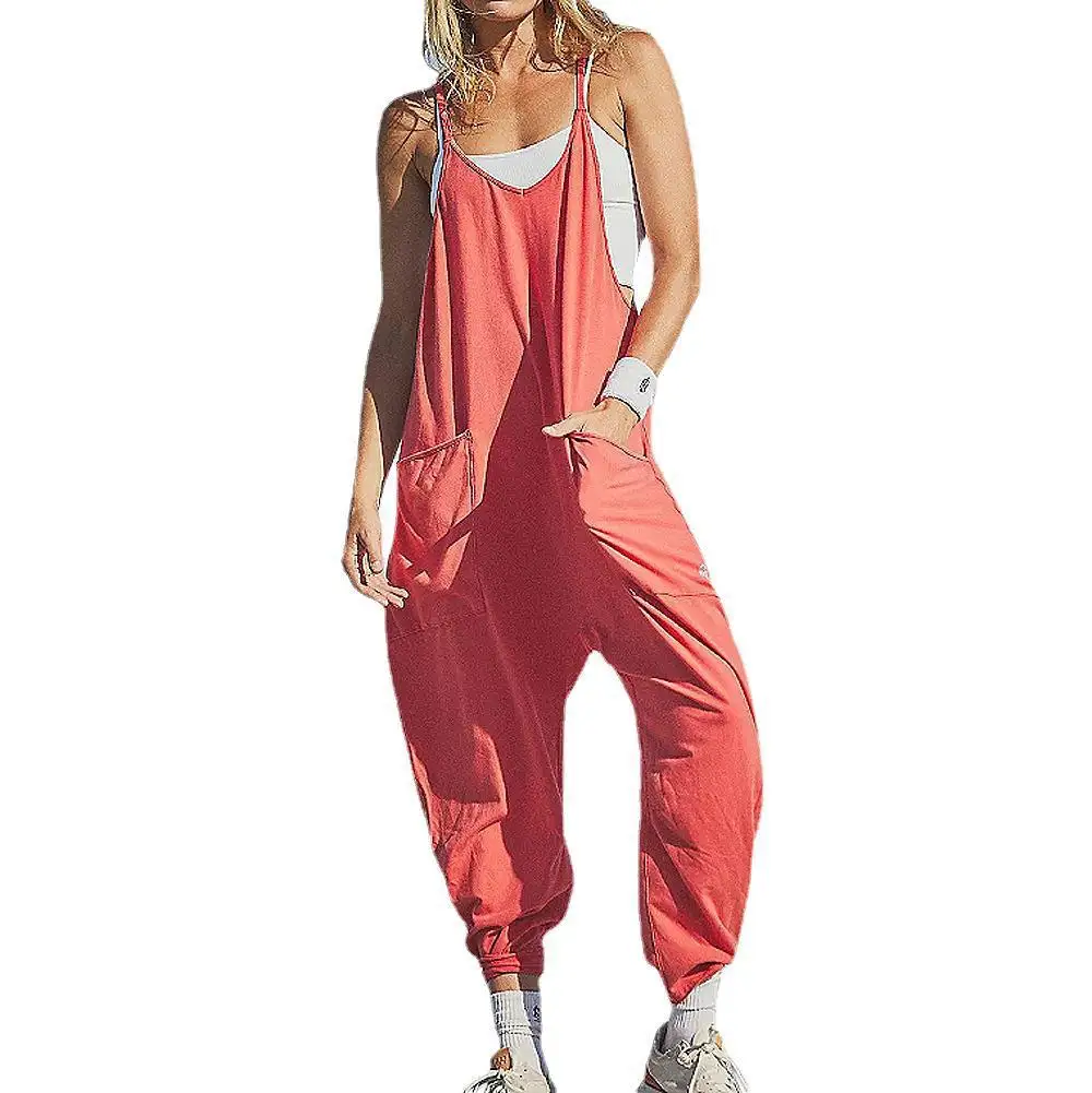Casual Jumpsuit Women Spaghetti Strap Sleeveless Loose Wide Leg Rompers with Large Pocket Pants Bib Overalls Outfit Jumpsuit