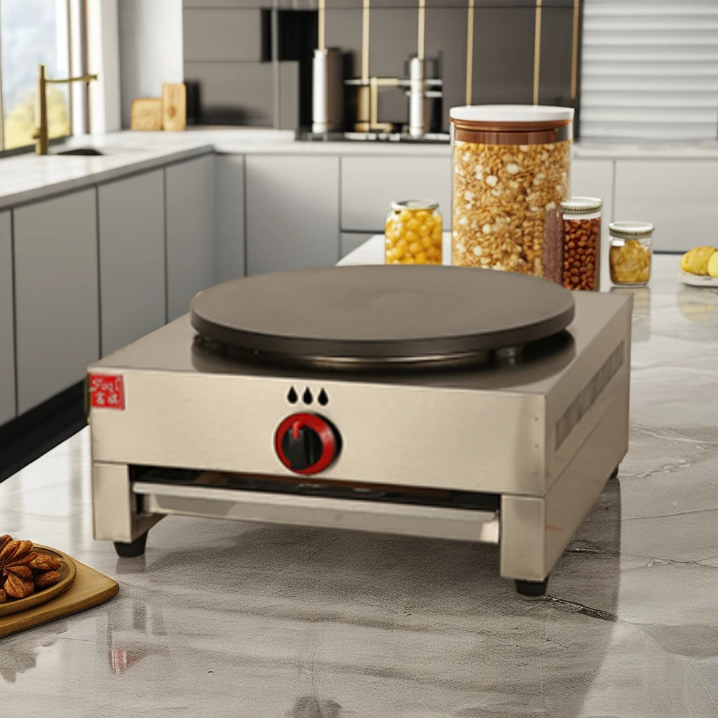Popular Commercial Kitchen Equipment Single Head round Base Cast Iron Gas Crepe Maker 220V New Condition for Home Use Food Shops