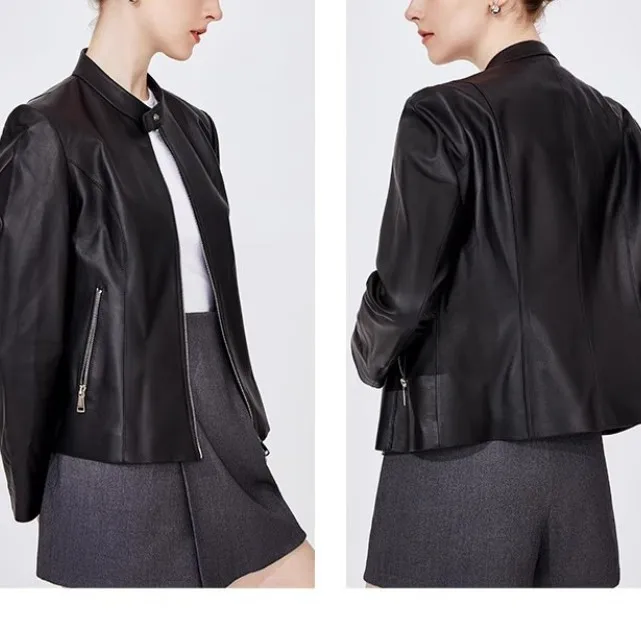 Popular Minimalist Style Spring Jackets for Women 2024 Zipper Genuine Lamb Leather Motorcycle Biker Jacket