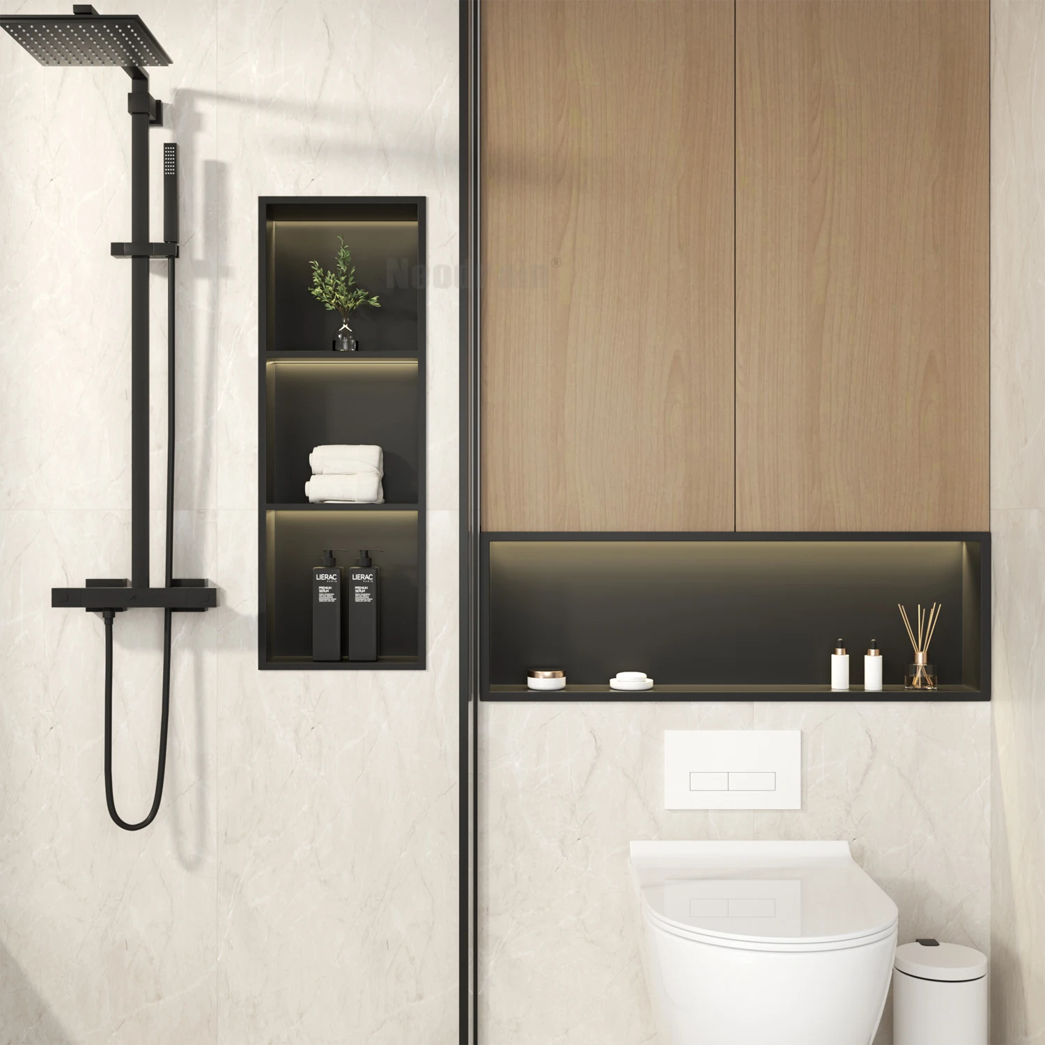 Dual Tier Golden Matte Black Brushed Wall Niche Stainless Steel 25 Inch Shower Niche Storage Shelves for Renovation