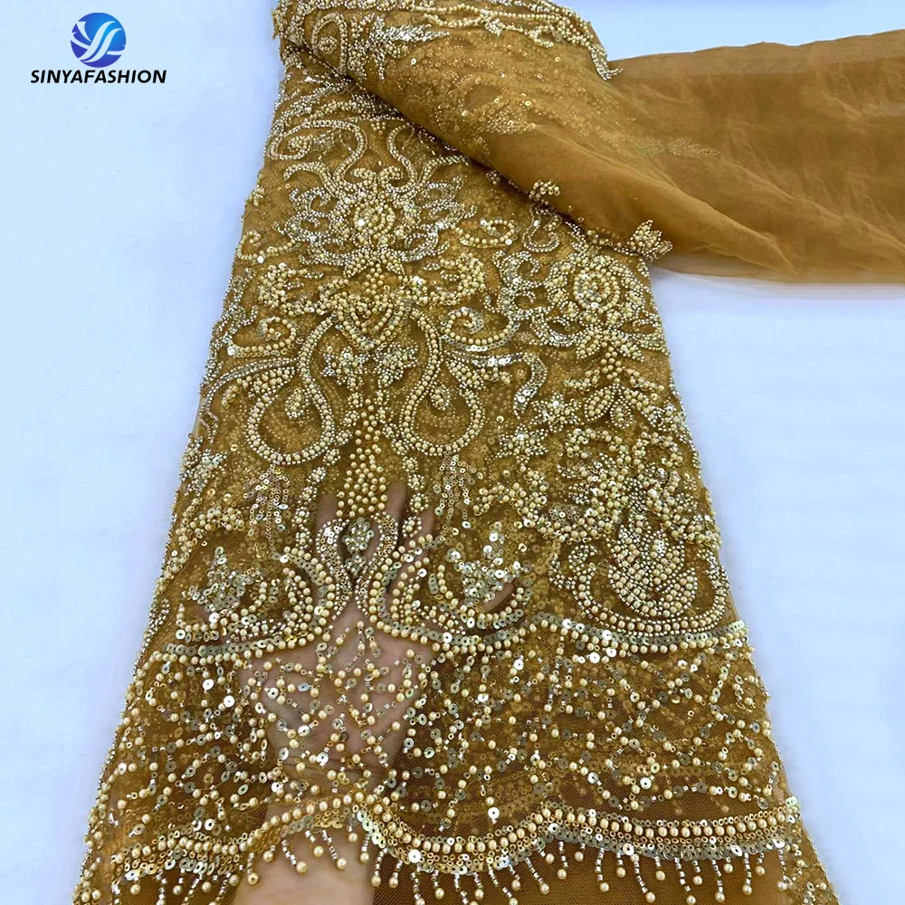 Sinya Various Colors Luxury Sequins Pearls French Wedding Bridal Embroidered Heavy Beaded Lace Fabric For African Dress