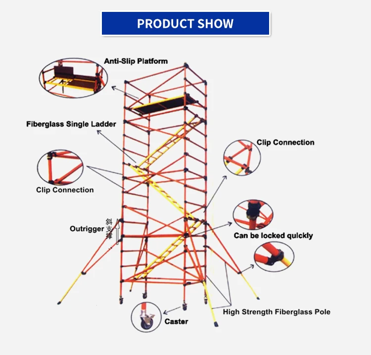 Full insulation platform scaffolding mobile fiberglass fiber reinforced plastic scaffolding with plank