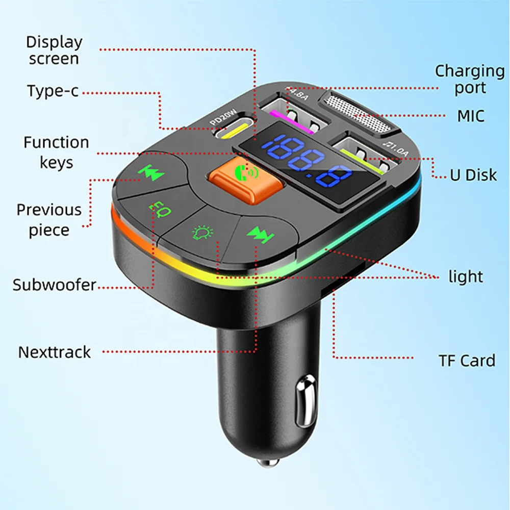FM transmitter bluetooth PD USB Car Phone Charger Dual USB PD Type C Car MP3 Player Charger car fm transmitter bluetooth