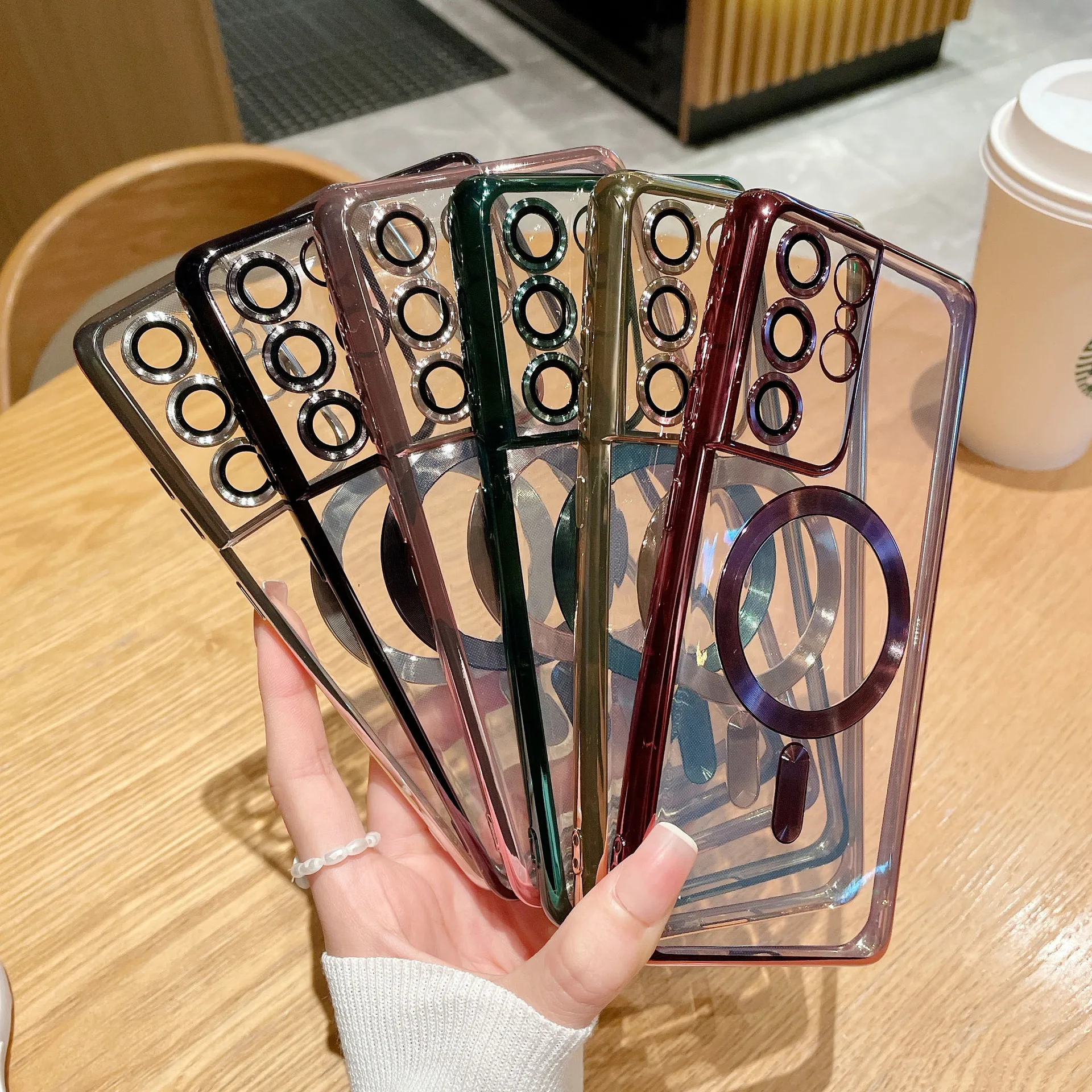 Protective Lens Film Phone Case Magnetic Phone Case Transparent Plating TPU Mobile Case for Samsung S21 S22 Plus Ultra