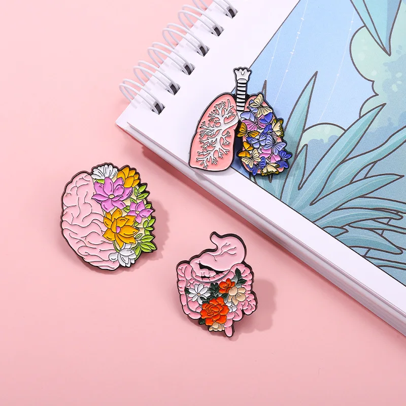 Stock Wholesale Custom Organs Flower Enamel Pin Body Internal Heart Brain Lung Plant Punk Butterfly Medical Lapel Pin