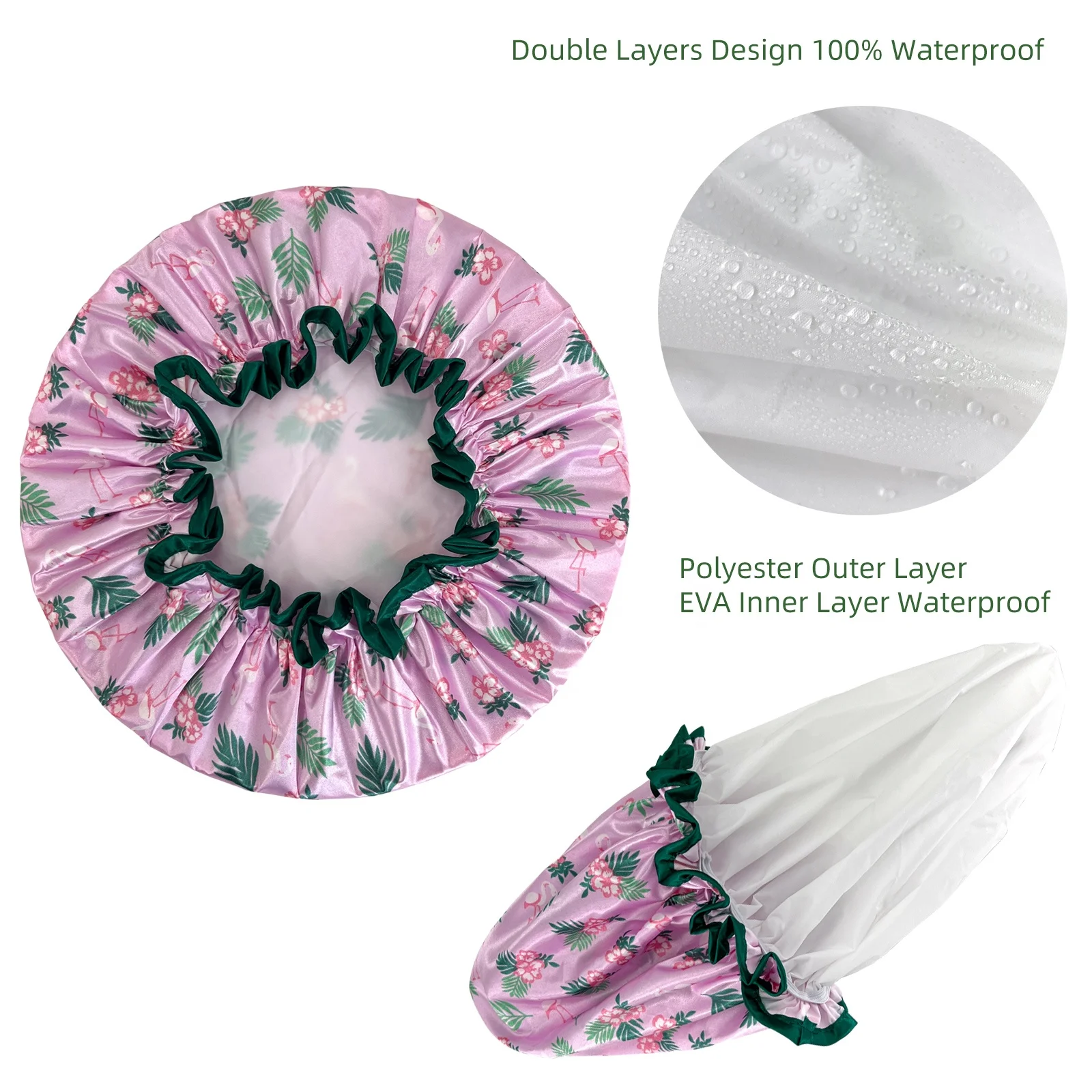 Custom Designer Double Waterproof Layers Elastic Reusable Bathing Hair Ladies Spa Shower Caps for Women