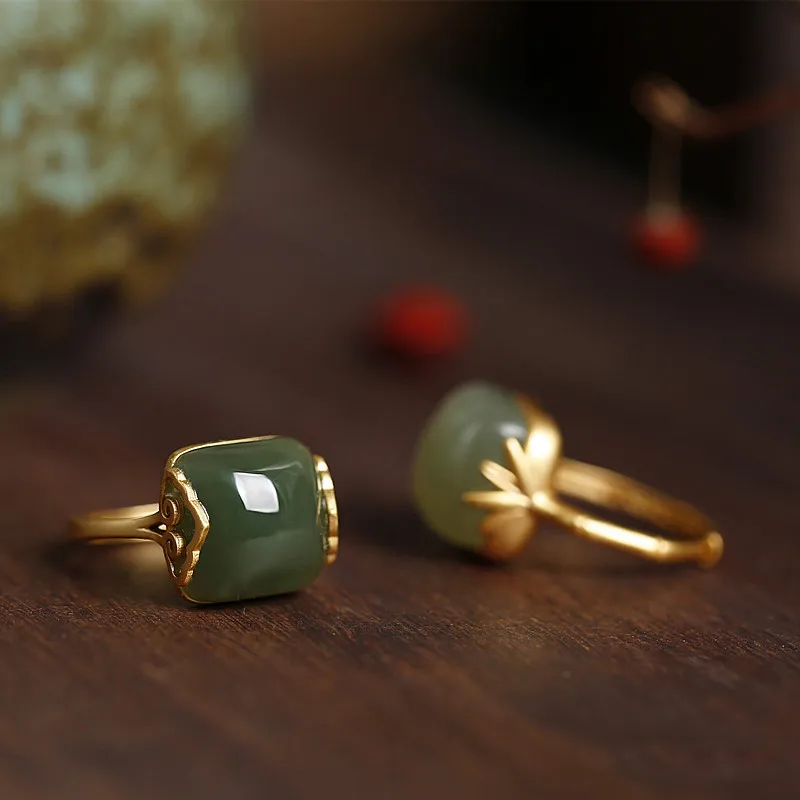 Vintage Elegant Fashion Jade Green Rings Women Adjustable Brass Gold Jade Rings