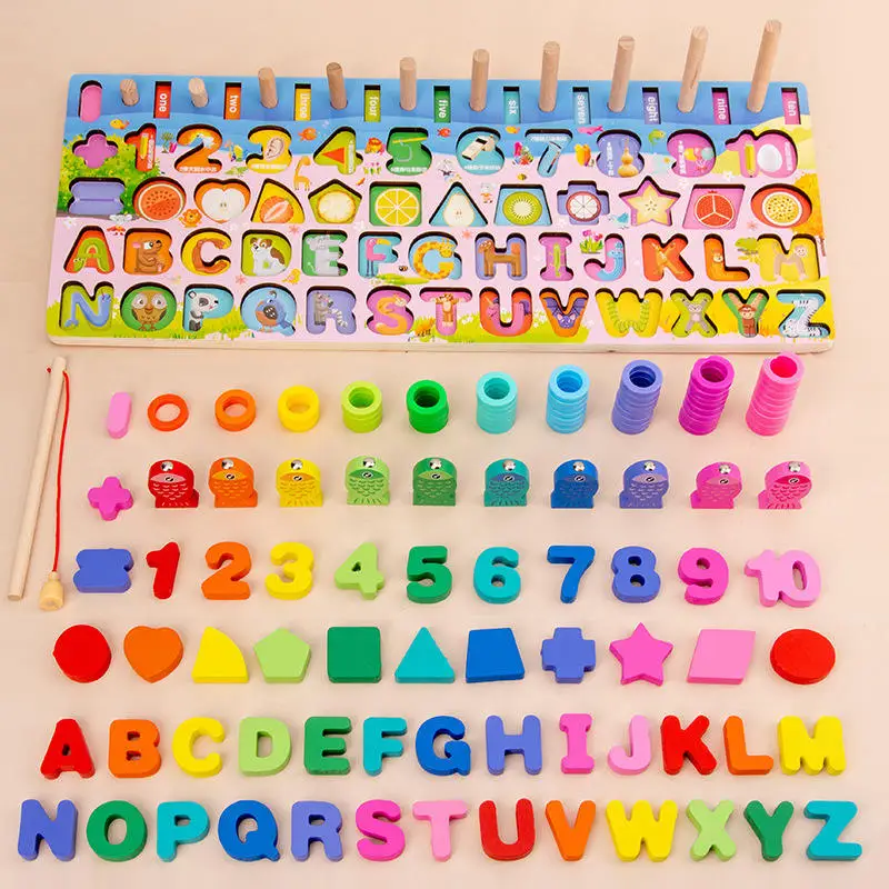 Wholesale Montessori Educational Mathematics Smart Games Fishing Sensory Toys, Geometric Shapes Wooden Toy for Kids