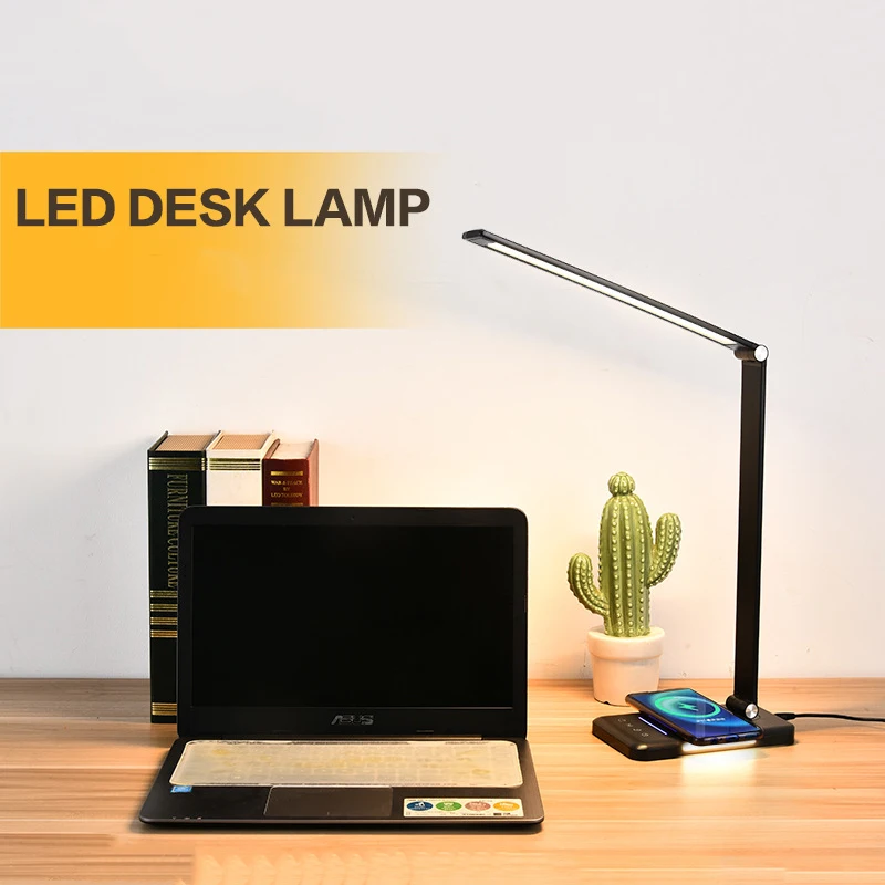 2023 Newest Multifunctional LED Desk Lamp with Wireless Charger 5w 5 Brightness Levels Office Lamp with Adapter