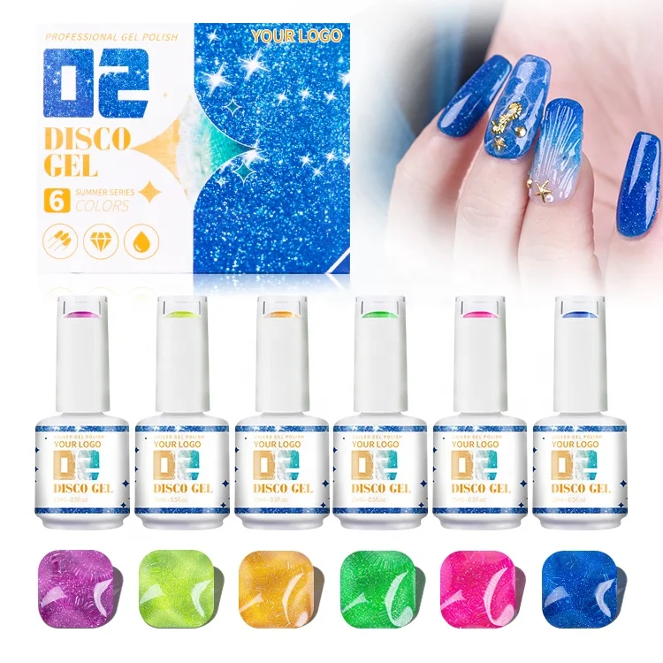 OEM Bottles Gel Polish Kit Custom Logo 15 Ml 6 Colors Series Soak off UV Led Disco Glitter Nail Gel Polish Set