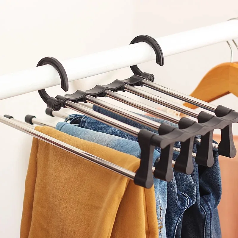 Multifunction Space Saver 5 in 1 Trouser Scarf Pant Hangers Multi Layer Folding Stainless Steel Pants Hanger