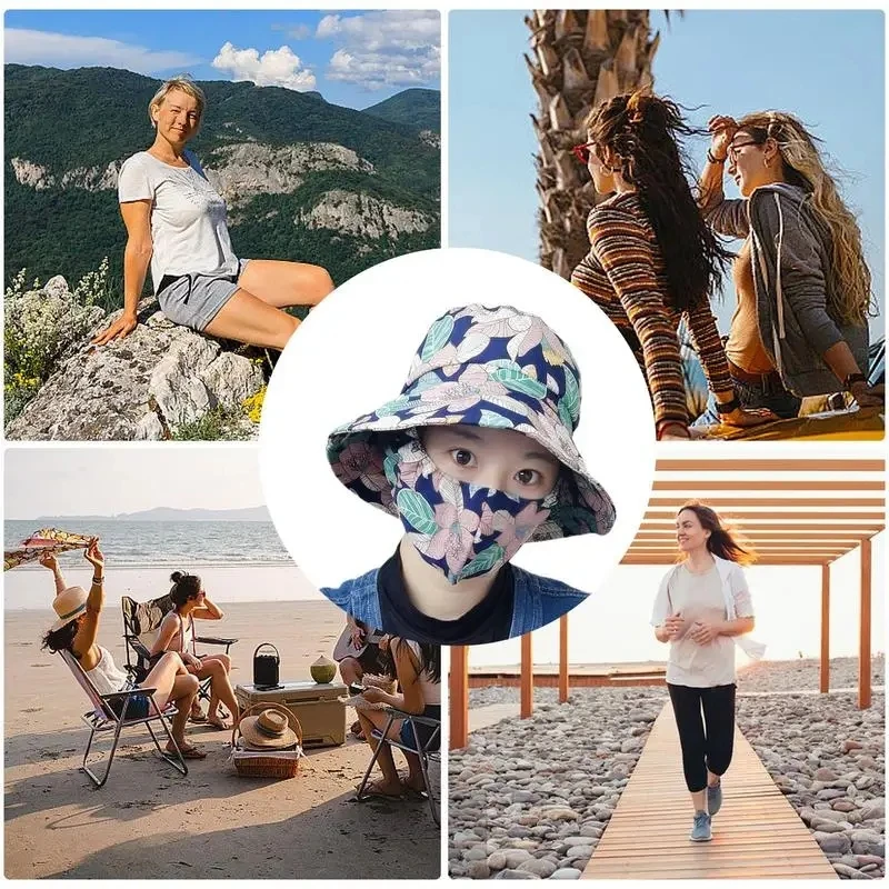 Spring Summer Outdoor Sunscreen Breathable Flower Print Cap For Women Girl Sun Protection Fisherman Hats Bucket Hat With Mask