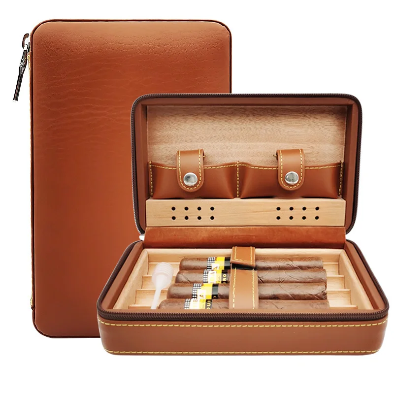 Travel Cigar Case Genuine PU Leather bag humidor Cigar Pouch Box For 4 Finger travel cigar case