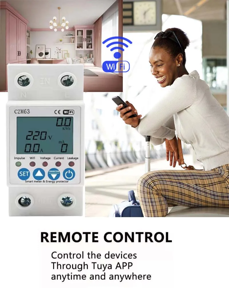 MCB63A TUYA APP WiFi Smart Circuit Earth Leakage Over Under Voltage Protector Relay Device Switch Breaker Energy Power kWh Meter