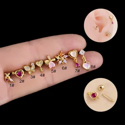 Fashion pink zircon love butterfly key flower ear bone nail double-head thread thick rod cartilage puncture ear studs 1piece