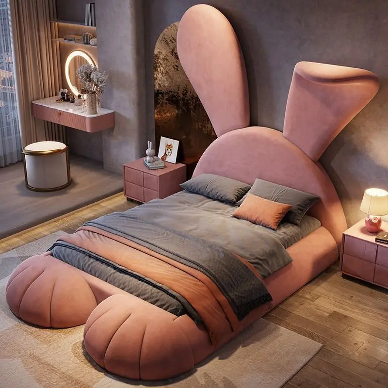 Luxury Children Bed room Furnitures Creative Animal Rabbit Shaped Child Beds The Modern Velvet Metal Frame Leg Kid Bed For Kids