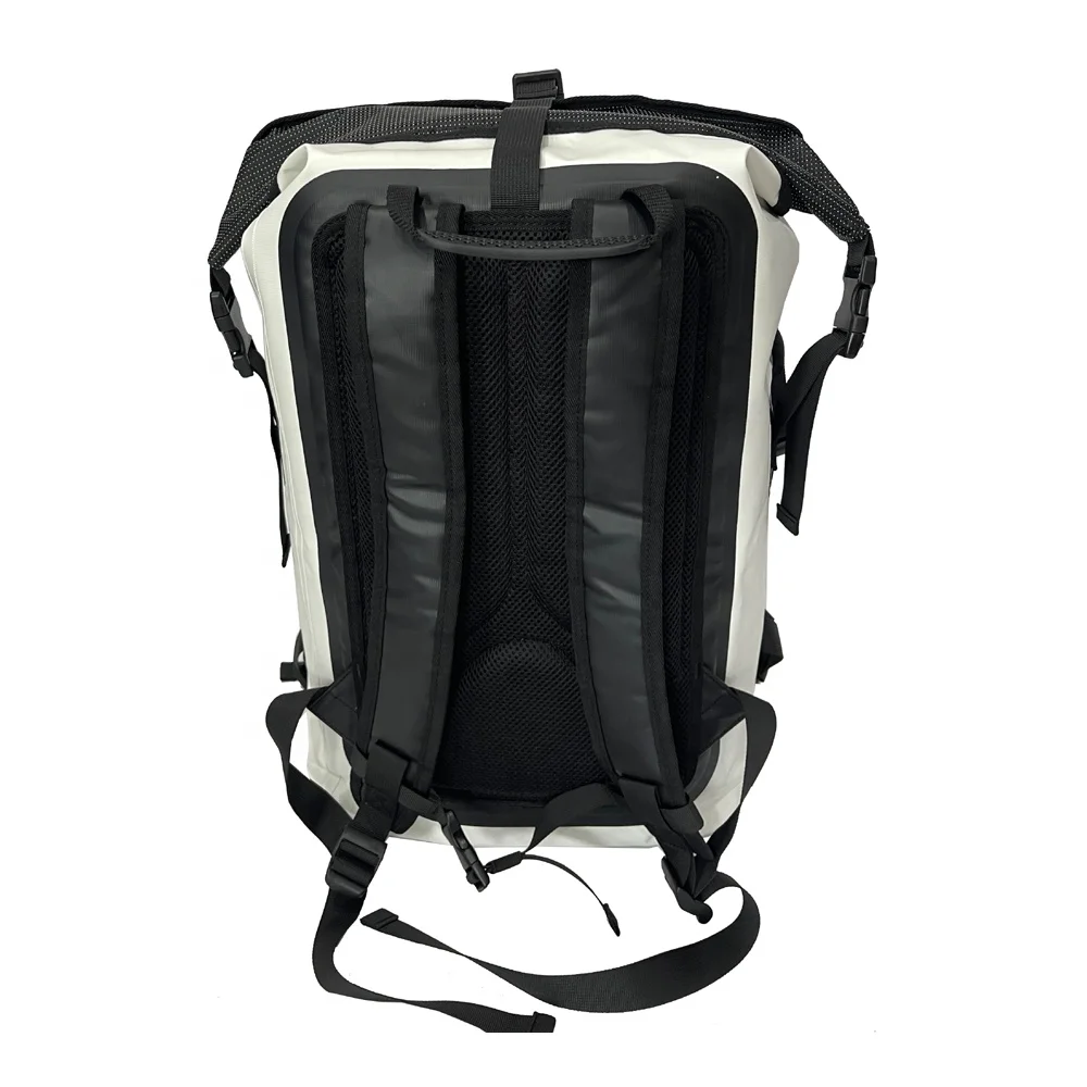 roll top closure 30L white waterproof backpack dry bag with front zipper pocket laptop sleeve for travelling camping sports